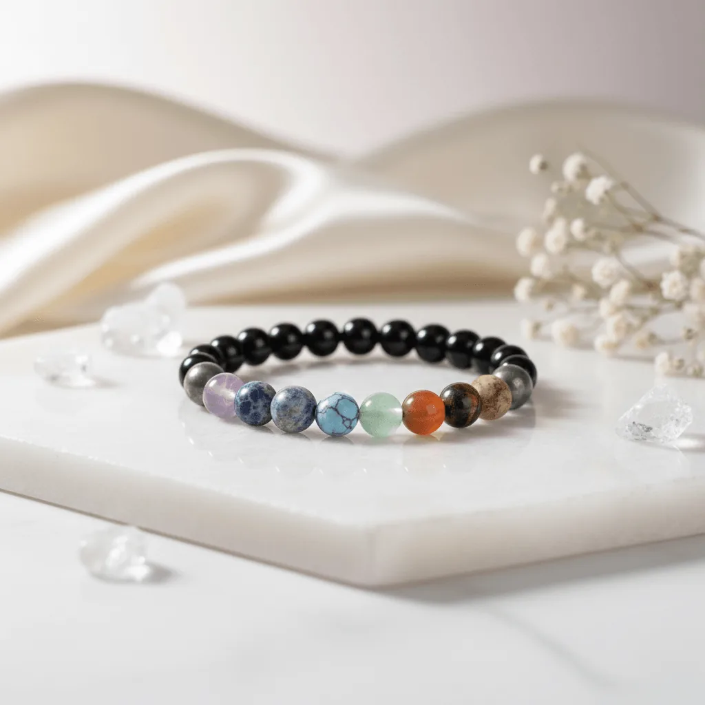 Authentic 7 Chakra bracelet with certified Pyrite & Obsidian.